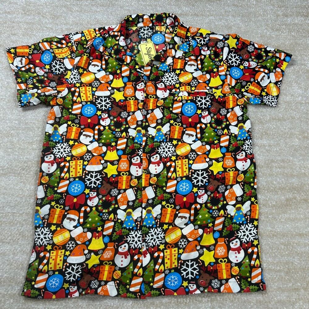 Christmas Button Up Shirt Womens S Short Sleeve Novelty Holiday Polyester Bright